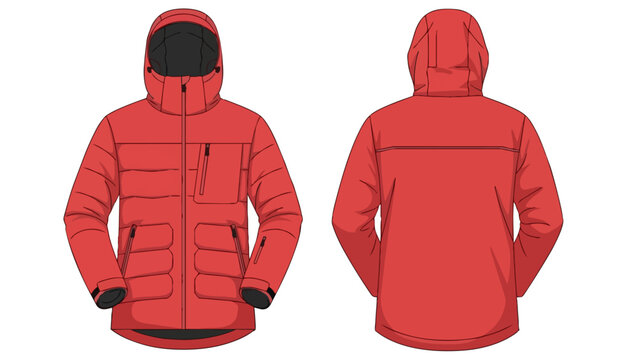 Detailed technical flat sketch of a vibrant red hooded puffer jacket designed for warmth and outdoor adventures showing both front and back views