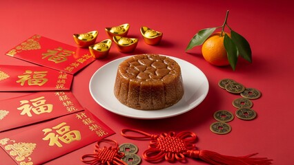 Chinese New Year food still life featuring traditional sticky rice cake (nian gao or kue keranjang) served on a white ceramic plate. Red background with elegant festive Lunar New Year.