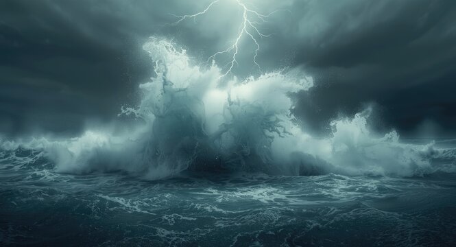 Chaotic storm surge on open sea with turbulent water