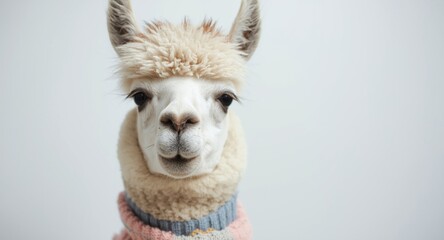 Naklejka premium Inviting close up of a llama in comfortable sweater and matching scarf on a white backdrop