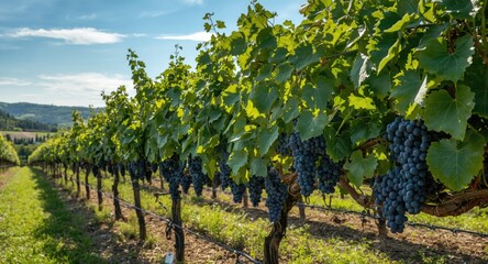 Lush vines laden with organic Gamay Noir grapes ready for picking