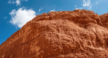 Brown sandstone rock formation with intricate textures viewed closely against a bright clear sky