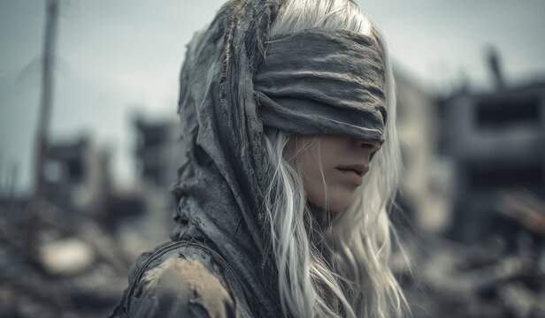 Woman with eyes covered in a war torn environment conceptual art