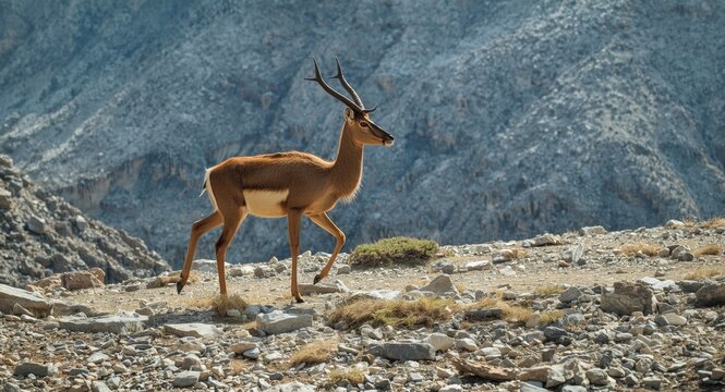 Bharal gracefully advancing across rugged stone filled mountains