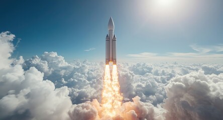 Naklejka premium A successful startup rocket launching toward fluffy clouds representing new business growth