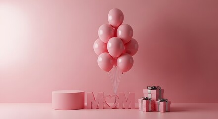 Pink-themed scene for Mother's Day featuring large 'MOM' letters, balloons, gift boxes, and a display podium.