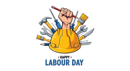 Happy Labour Day graphic with tools and hard hat on white background