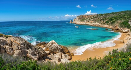 Breathtaking rocky coastline with vibrant turquoise sea ideal for summer beach holiday