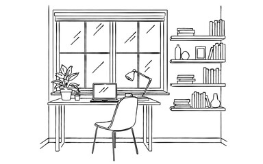 シンプルな書斎とデスクの室内風景線画｜在宅ワーク, ホームオフィス, パソコン, 本棚, 観葉植物, インテリア