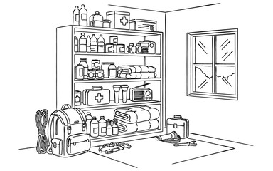 防災用品や非常用備蓄品の棚の線画イラスト｜災害対策・備蓄管理