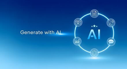 AI concept with glowing circle of icons representing different functions and text 'Generate with AI'