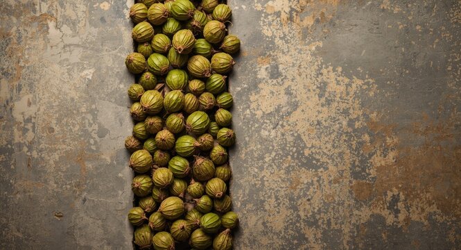 Green padauk seeds loosely scattered on an aged cement surface under soft light