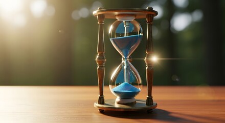 Close-up of an hourglass with blue sand falling, illuminated by soft sunlight, symbolizing time passing