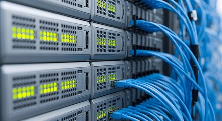 Server room with rack-mounted servers and blue ethernet cables, data center technology