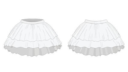 Vector Drawing of Two Ruffled Layered Skirts or Petticoats in White Hue for Fashion Design