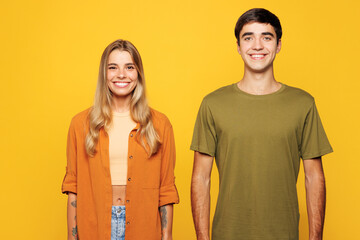 Young smiling happy fun satisfied caucasian cool couple two friends family man woman wear casual...