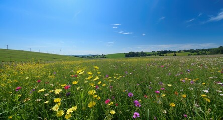 Obraz premium Bright sunny field with clear blue skies and blooming wildflowers