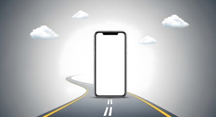 Smartphone with a blank screen on a winding road leading to a bright light, symbolizing technology, journey, and future opportunities.