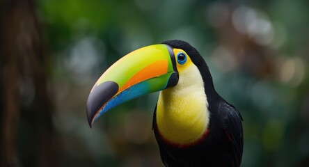 Fototapeta premium Keel billed toucan resting highlighted in a bright close up capture
