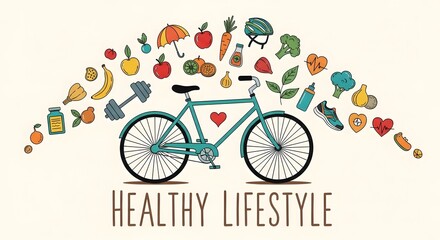 Vector illustration of a bicycle surrounded by healthy lifestyle elements like fruits, vegetables, sports equipment, and heartbeats, promoting wellness.