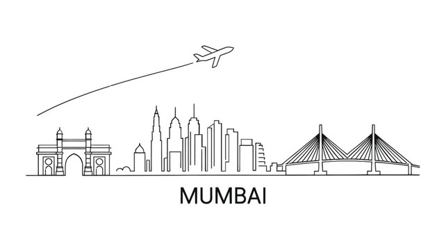 Line art illustration depicting the mumbai skyline with a distant airplane