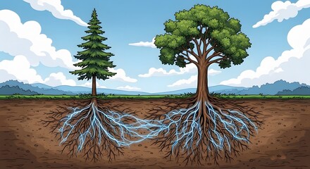 Illustration showing two trees with interconnected root systems, one a pine and the other a deciduous tree, symbolizing connection, growth, and nature's network.