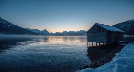 Bright blue hour moment with a lakeside boathouse set against a clear winter sky
