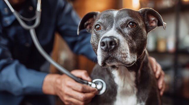 Veterinary checking a dog's heartbeat with a stethoscope, professional care