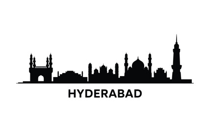 A striking black silhouette of the hyderabad skyline with city name text © MDMINTU