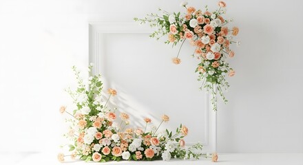 Elegant white frame adorned with a beautiful arrangement of peach and white roses and greenery, perfect for wedding decor or floral design.