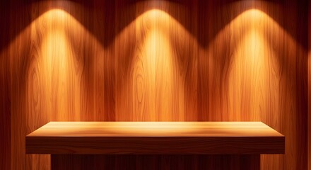 Empty wooden shelf illuminated by spotlights, perfect for product display or presentation background.