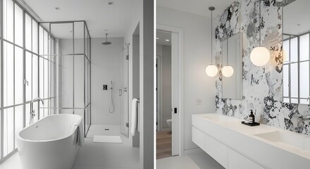 Modern minimalist bathroom with freestanding bathtub, glass shower enclosure, and sleek vanity with artistic wallpaper.