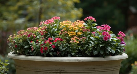Garden container filled with flourishing potted flowering plants