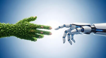 Nature's hand, made of green leaves, reaches out to a robotic hand, symbolizing the harmony between nature and technology.