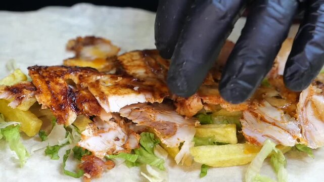 Chef hands in black gloves preparing chicken shawarma wrap with roasted meat and french fries on pita bread