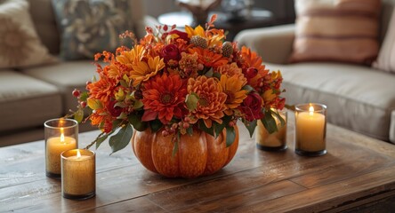 Naklejka premium Festive autumn bouquet with artificial flowers in a pumpkin vase and candles on a rustic coffee table