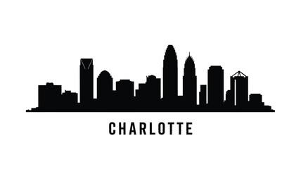 A stark black silhouette of the charlotte skyline against a white background © MDMINTU