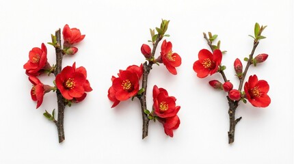 Collection of Blooming Red Plum Blossom Branches with Green Leaves Isolated on White for Lunar New Year