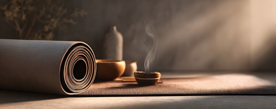A wellness brand scene with yoga mat texture, calm breathing implied, subtle incense scent