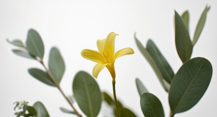 Obraz premium Bright yellow freesia with assorted green leaves against white background emphasizing floral design ideas