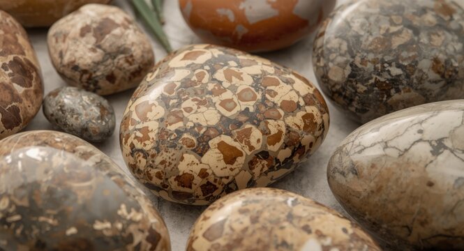 Close view of geological leopard jasper quartz and chalcedony semi precious stones