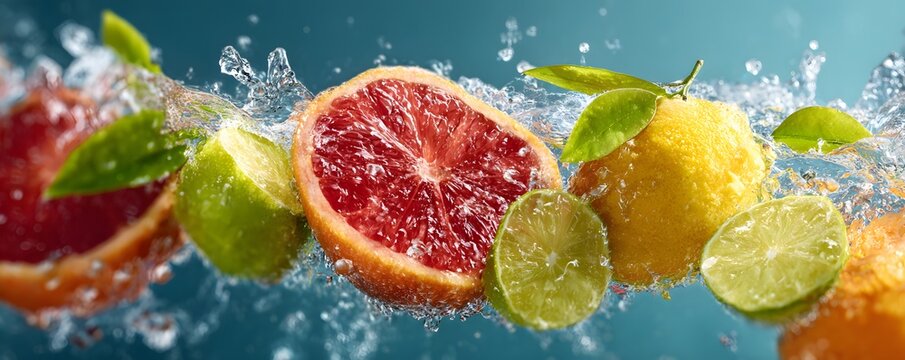Fresh citrus fruits splashing into crystal-clear water, vibrant colors, imagined zesty scent and refreshing sound