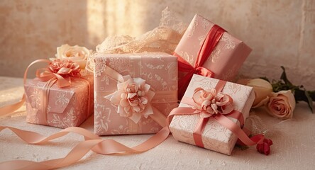 Naklejka premium Delightful Valentine's Day scene featuring beautifully wrapped gifts and elegant ribbon accents
