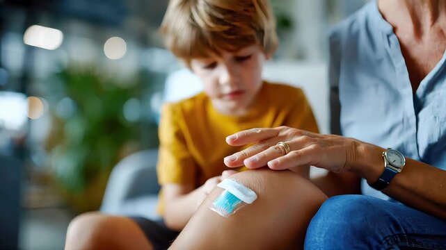 Mother applying an adhesive bandage to a child scraped knee at home, first aid and family care concept