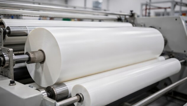Medium shot of silicone release liner production focusing on smooth coated paper rolls used for adhesive medical tapes in a clean manufacturing environment.