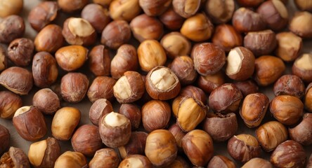 Obraz premium Gathered heap of whole ripe brown hazel nuts