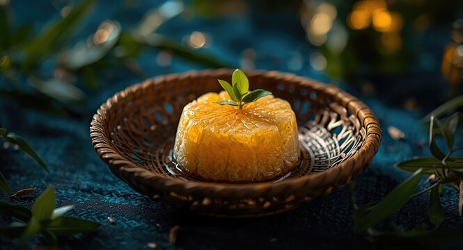 Indonesian Jenang sweet rice cake served on bamboo dish with natural leaf garnish