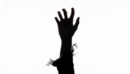 Obraz premium Tattered Sleeve Fringe. Silhouette of a zombie hand. A full silhouette of a hand and a portion of the wrist, where the tattered, frayed remnants of a sleeve create a jagged fringe around the wrist. 