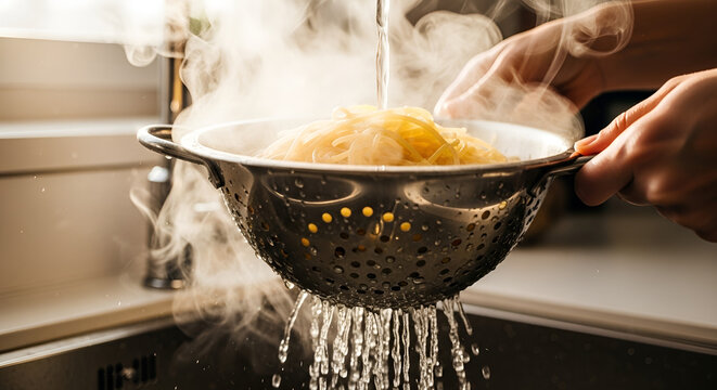 Draining Pasta in a Metal Passoire Kitchen Cooking Preparation