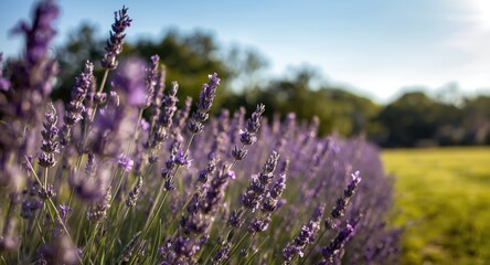 Garden scene featuring healthy lavender with a refreshing blue and natural green background
